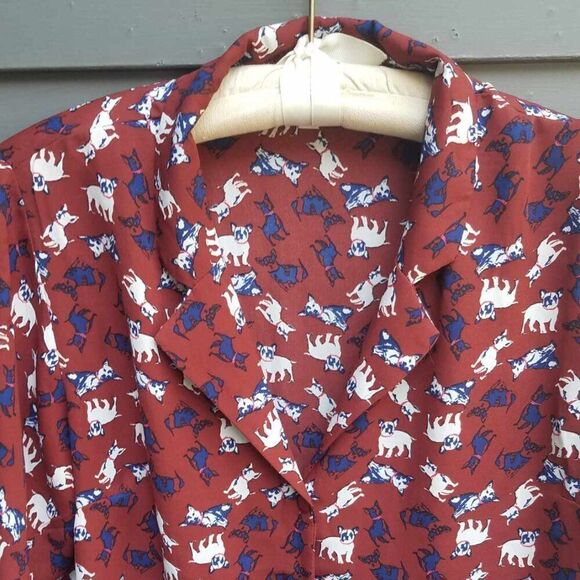 Monteau LA Sheer Burgundy Button Down with Navy White Dog Print size Large - Picture 10 of 11